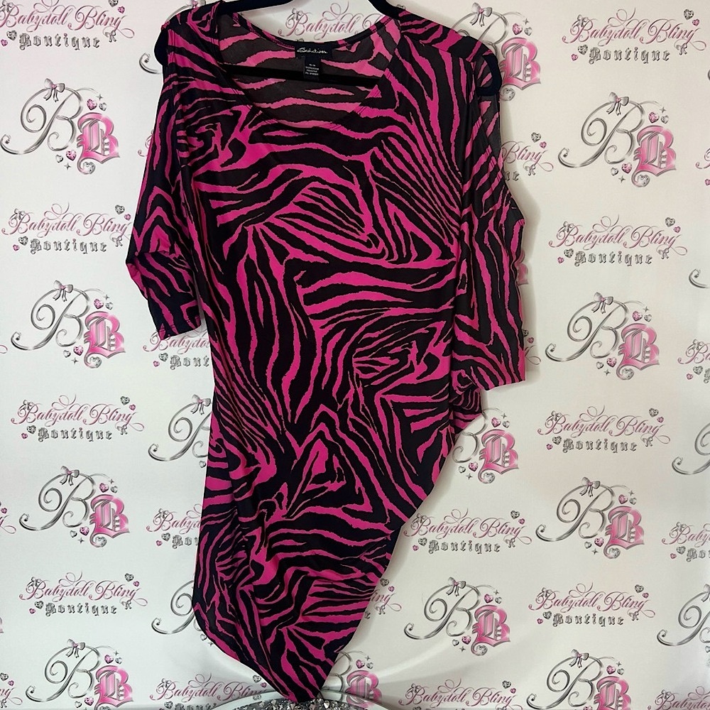 Senductions dress asymmetrical cold shoulders Pink and Black Zebra Print Dress